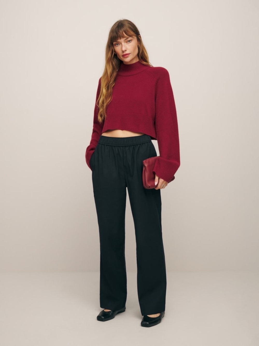 Reformation Juno Pants Organic Cotton High-Waist Black Wide-Leg Pull On Small